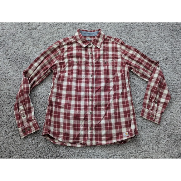 Carhartt Button Up‎ Shirt Boys Youth Small (4/6) Red Plaid Flannel Long Sleeve - Picture 1 of 10